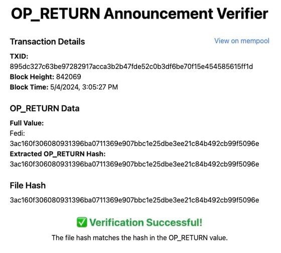 Screenshot from OP_RETURN announcement verifier of Fedi's open-source pledge, written in a PDF file and then cryptographically hashed (CoinDesk/Fedi/announcement-verifier.replit.app)