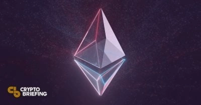 Transparent 3D Ethereum logo with blue and pink highlights on a dark starry background.