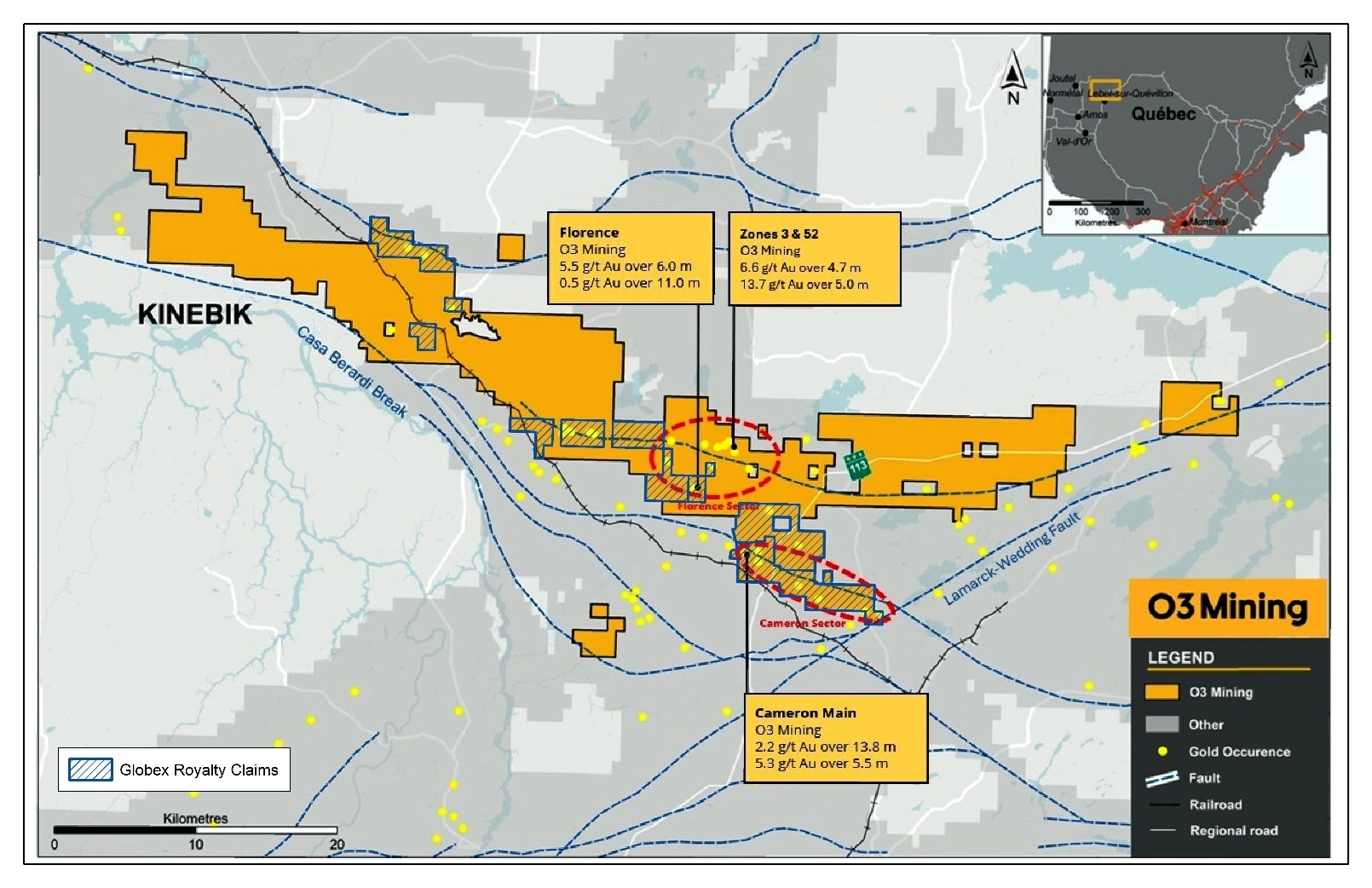 Globex Royalty Claims Outlined in Blue and Priority Drill Areas in Red