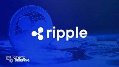 Ripple logo overlaid on a background of various cryptocurrency coins, with a stylized Ripple symbol in blue tones.