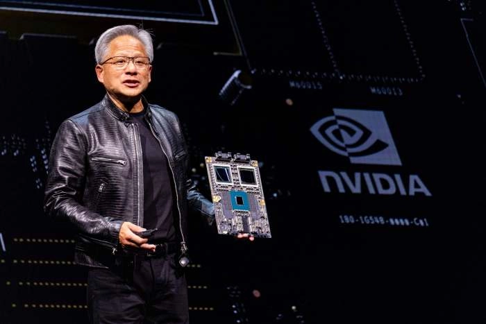 Jensen Huang, co-founder and chief executive officer of Nvidia Corp., speaks during an event in Taipei, Taiwan, on Sunday, June 2, 2024. Huang said the company plans to upgrade its AI accelerators every year, announcing a Blackwell Ultra chip for 2025 and a next-generation platform in development called Rubin for 2026. Photographer: Annabelle Chih/Bloomberg via Getty Images