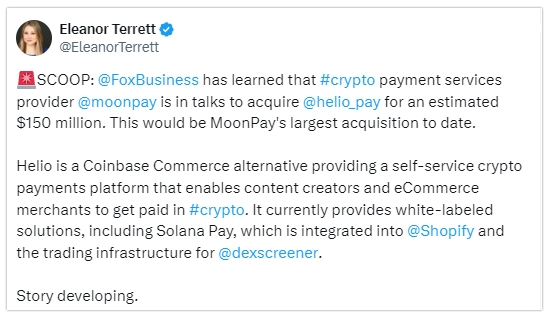 Eleanor Tweet about MoonPay to acquire Helio