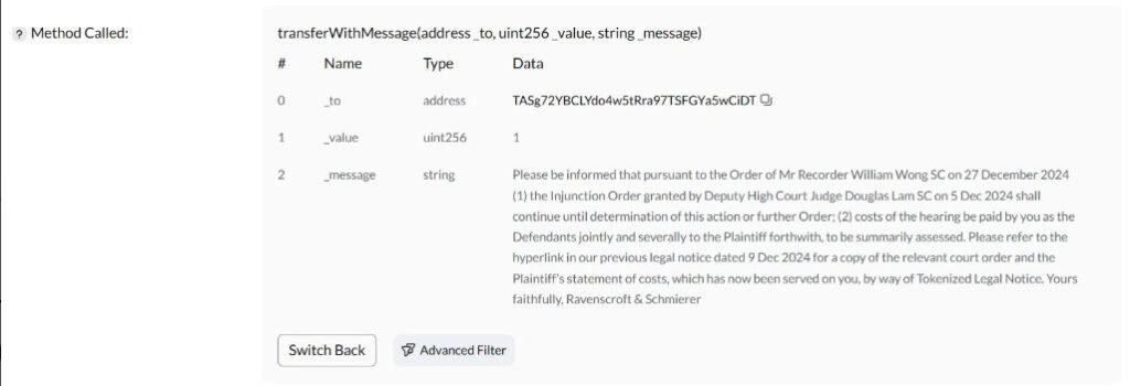 Ground breaking : Hong Kong Issues Tokenized Legal Notices Illicit Tron Wallets 2 Tron TLN