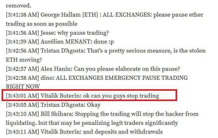 Vitalik calling to stop trading to prevent the DAO hacker from cashing out ETH price.