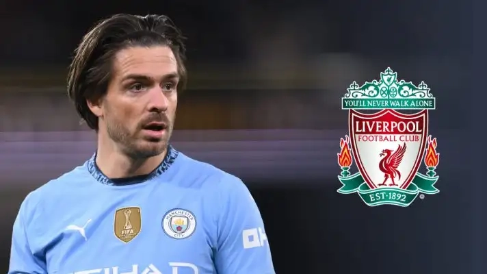 Jack Grealish with the Liverpool badge.