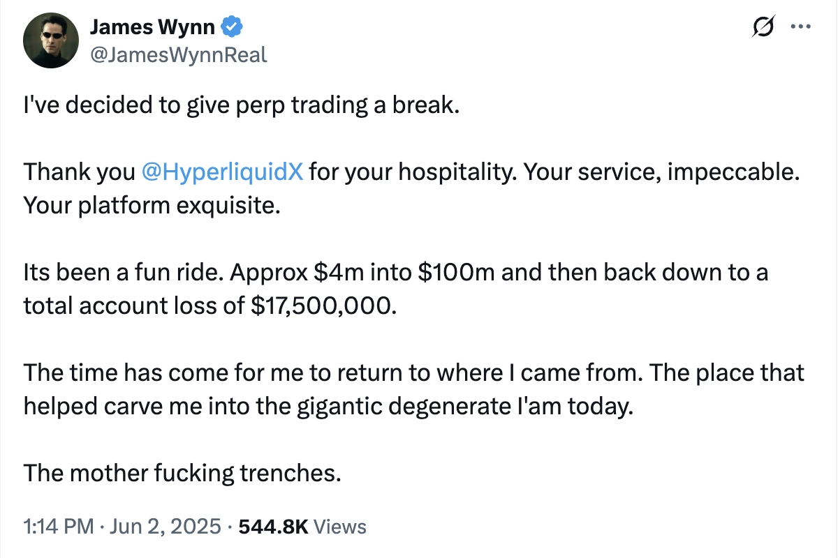 James Wynn Returns to Futures Trading with $2M Deposit on HyperLiquid