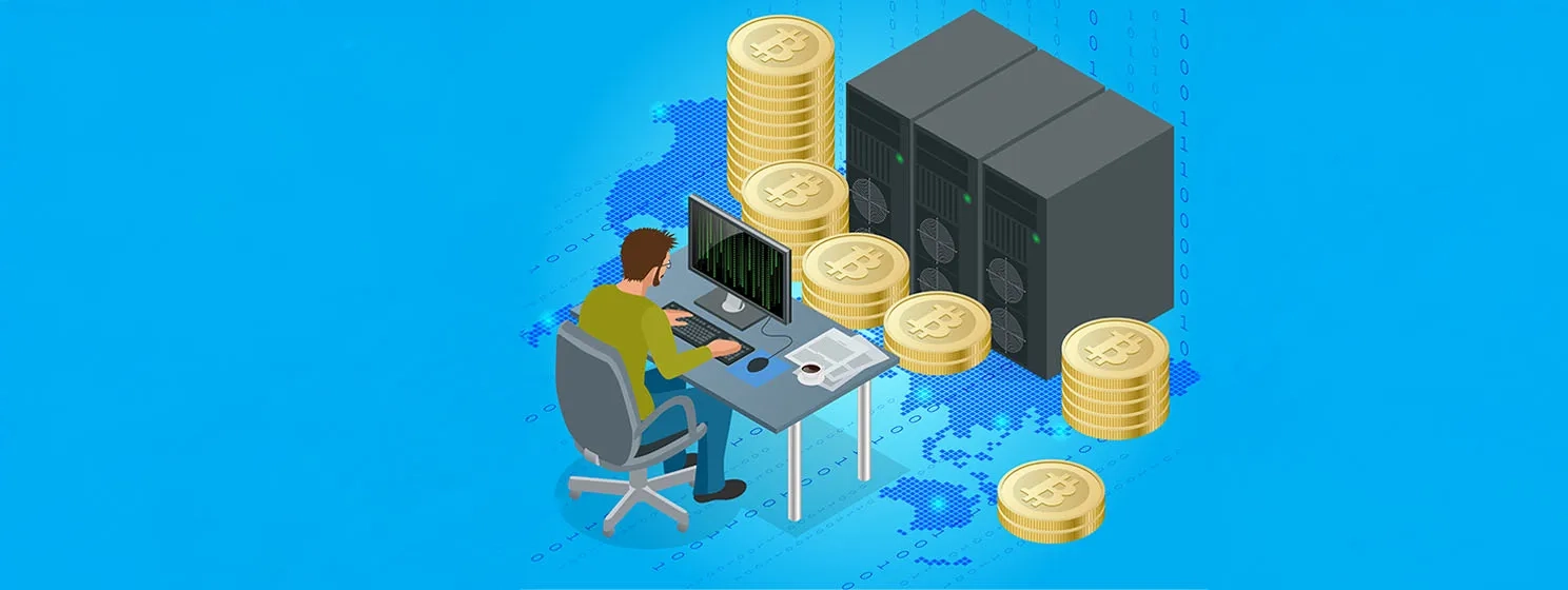 Flat 3d isometric man on computer online mining bitcoin concept. Bitcoin mining equipment. Digital Bitcoin. Golden coin with Bitcoin symbol in electronic environment.