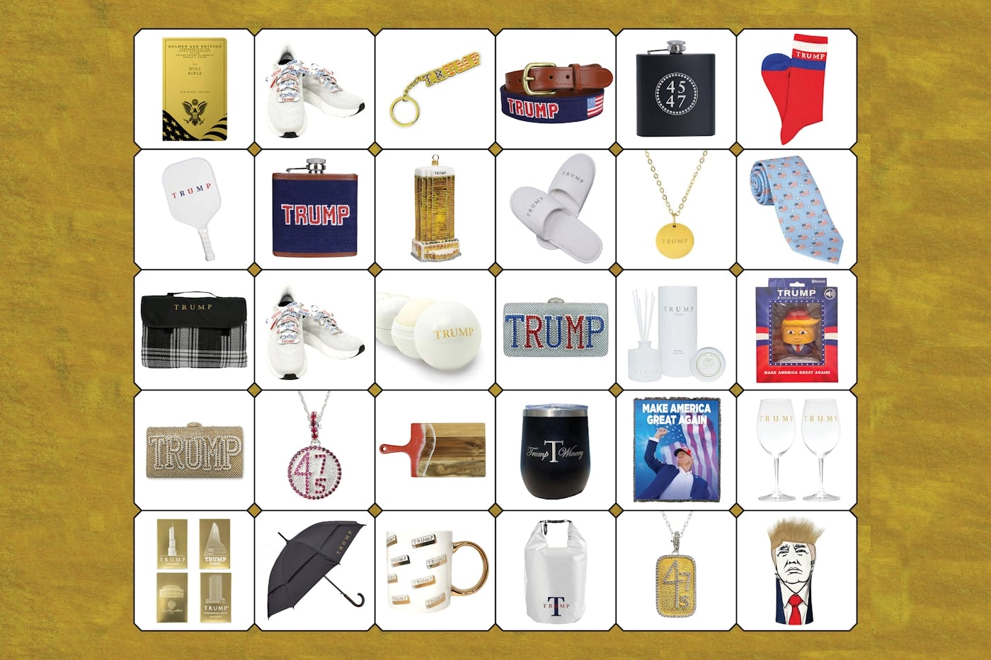 A grid of items available for purchase at the Trump Store, including a needlepoint flask ($68), the 4547 American flag tie ($120), and the bling clutch ($550)