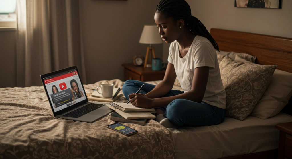 Young Nigerian girl in her bedroom searching for ways to make money online as a beginner on YouTube