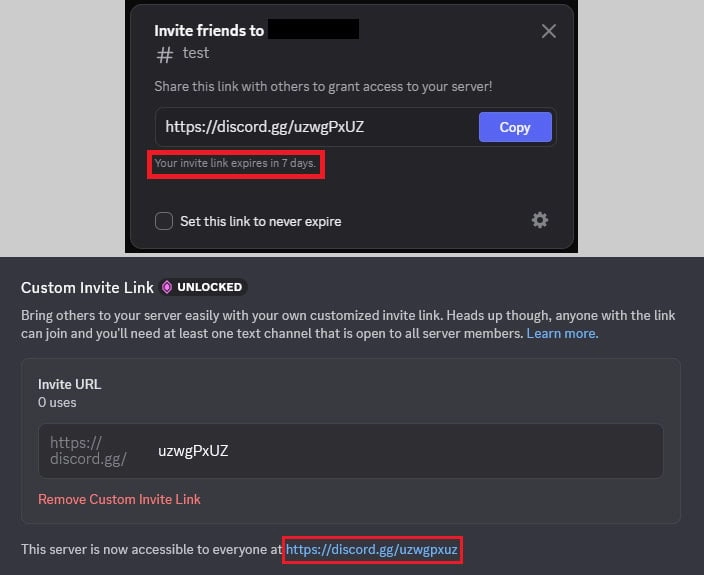 Example invite (top) and hijacking it in a new channel (bottom)