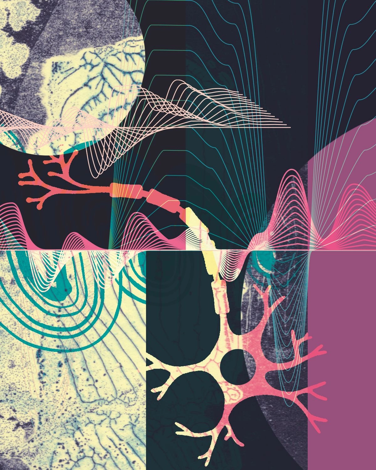 Abstract collage with neuron, brain textures, and dynamic wave patterns in pastel colors.
