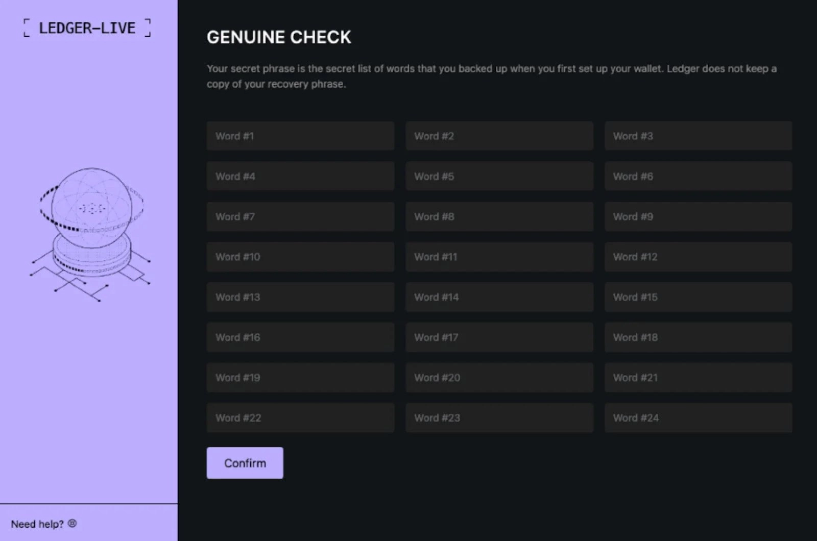Seed phrase phishing page