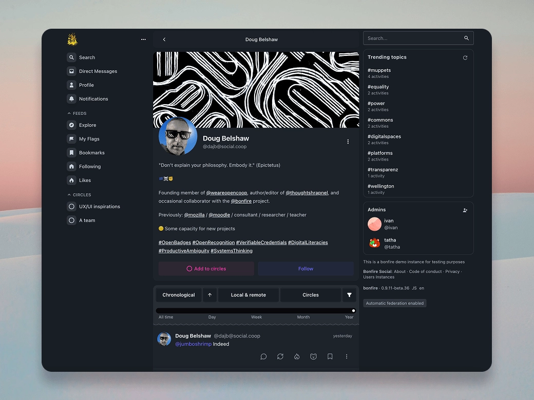 Bonfire Social offers features youd find on a traditional social media platform, like profiles, followers, and threads.