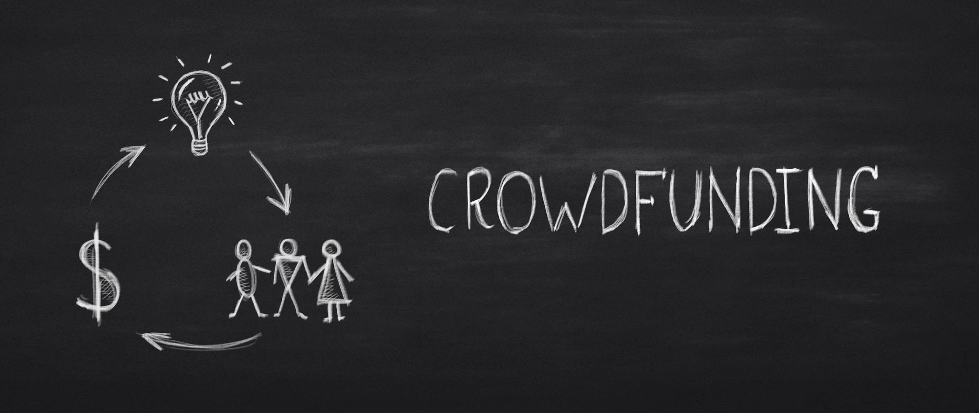 Crowdfunding white inscription with dollar sign, light bulb, people