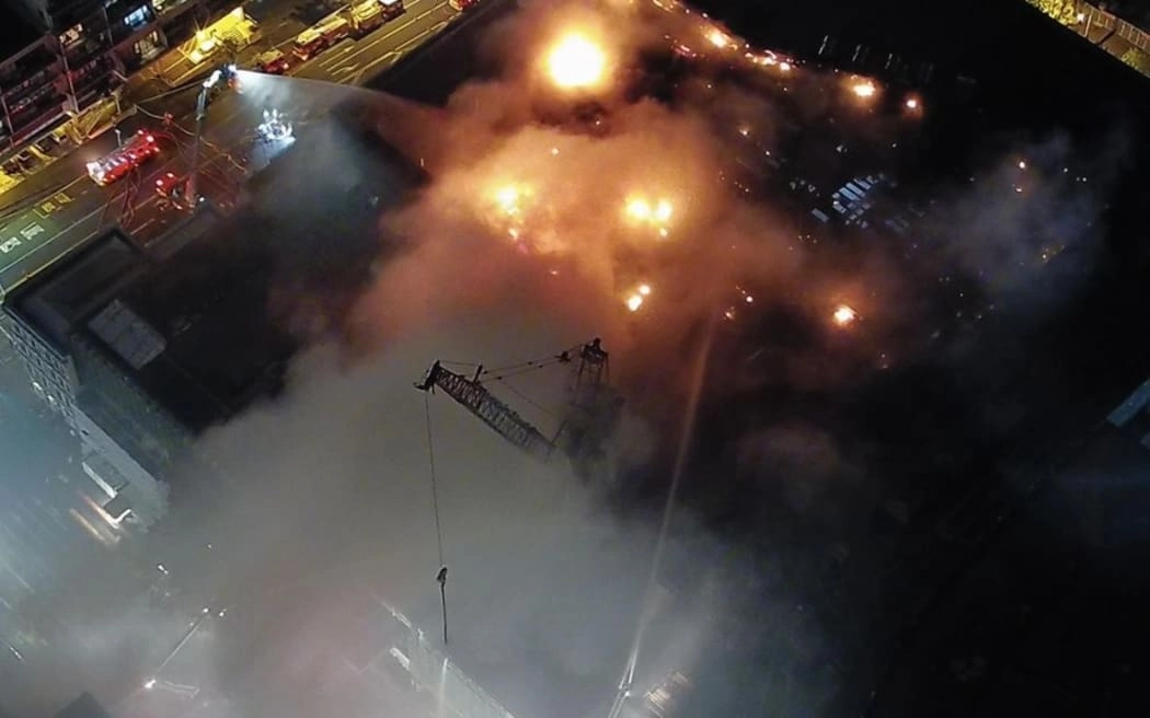 Niwa captures SkyCity Convention Centre blaze still alight into the night on 22 October.
