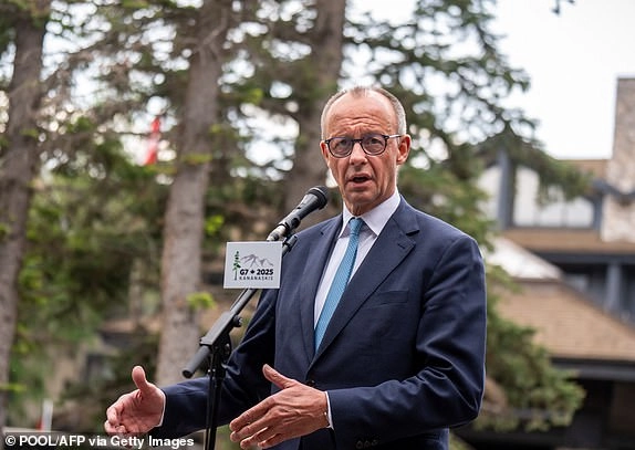German Chancellor Friedrich Merz gives a statement at the end of the Group of Seven (G7) Summit at the Pomeroy Kananaskis Mountain Lodge in Kananaskis, Alberta, Canada on June 17, 2025. (Photo by Michael Kappeler / POOL / AFP) (Photo by MICHAEL KAPPELER/POOL/AFP via Getty Images)