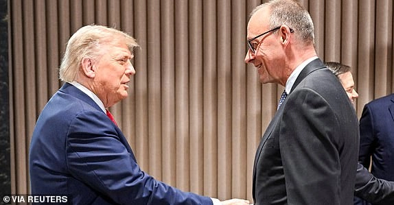 German Chancellor Friedrich Merz and U.S. President Donald Trump meet for their bilateral talks during the G7 Summit, in Kananaskis, Alberta, Canada, June 16, 2025. Guido Bergmann/Bundesregierung/Handout via REUTERS ATTENTION EDITORS - THIS IMAGE HAS BEEN SUPPLIED BY A THIRD PARTY. NO RESALES. NO ARCHIVES