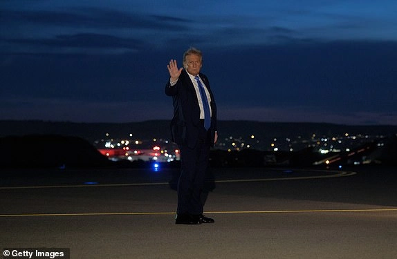 CALGARY, ALBERTA - JUNE 16: U.S. President Donald Trump waves to reporters after leaving the G7 Leaders' Summit early on June 16, 2025 in Calgary, Alberta. Trump said he was leaving the summit a day early to return to Washington to try to deal with the conflict between Israel and Iran. (Photo by Chip Somodevilla/Getty Images)