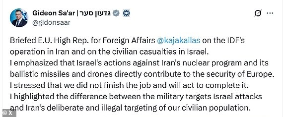 ISRAELI FOREIGN MINISTER GIDEON SAAR ON X TOLD EU'S KAJA KALLAS THAT ISRAEL HAS NOT FINISHED ITS OPERATION IN IRAN ISRAEL WILL ACT TO COMPLETE IThttps://x.com/gidonsaar/status/1934664658356744268?ref_src=twsrc%5Egoogle%7Ctwcamp%5Eserp%7Ctwgr%5Etweet
