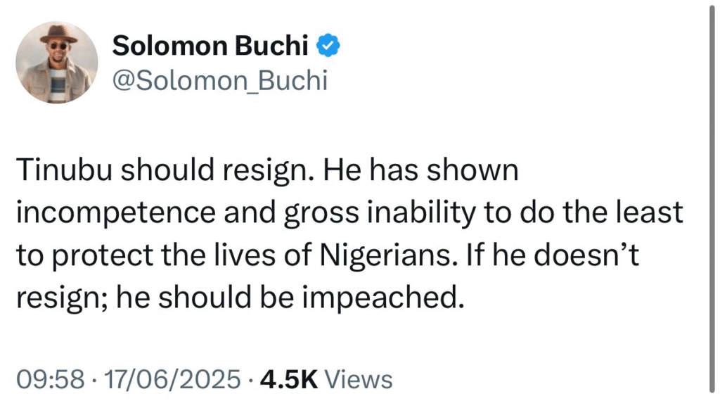 Insecurity: Tinubu should resign. if he doesnt resign, he should be impeached - Solomon Buchi 4