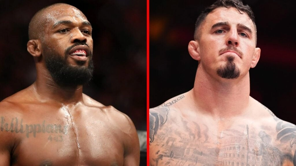 Split image of Jon Jones preparing to fight at UFC 239 and Tom Aspinall preparing to fight at UFC 295.