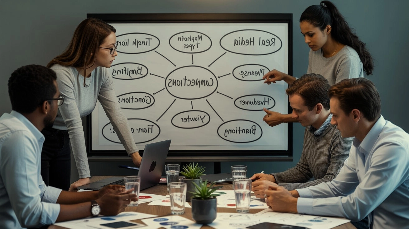 Teamwork and Brainstorming: The image suggests a team of professionals working together to discuss and analyze a topic, likely through a brainstorming session or strategic planning exercise. The mind map on the whiteboard indicates they are exploring various concepts and connections related to the subject matter.
