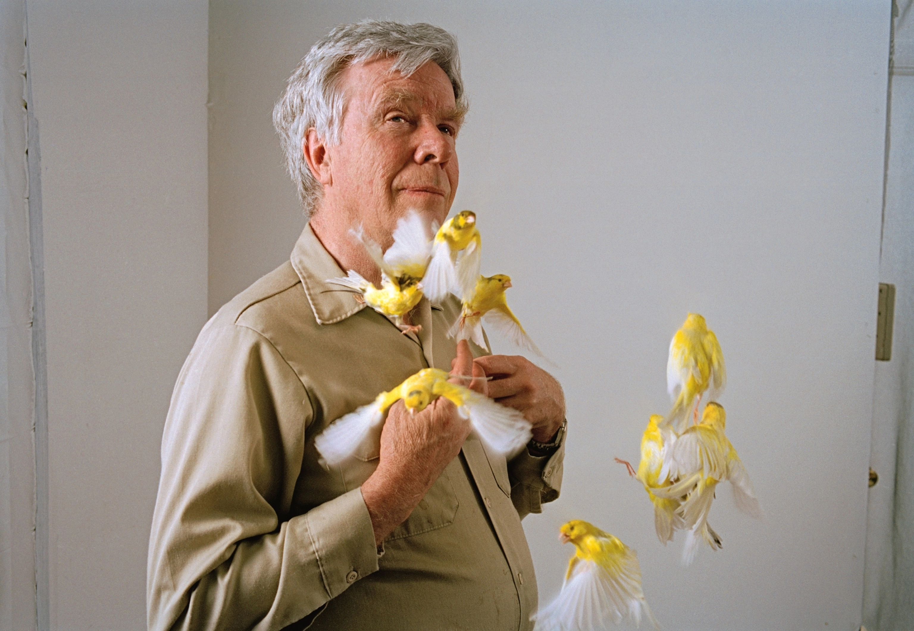 A man stands for a portrait against a gray background with yellow flying chicks around him.