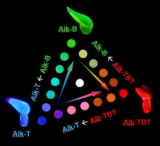 Researchers successfully blended various combinations and proportions of three solvent-free alkyl-� room-temperature liquids that fluoresced red, green, or blue light, with no color variation within the material showing that the alkyl-� liquids had merged evenly. Credit: Image is reproducible by CC-BY license. Please credit the STAM Journal.
