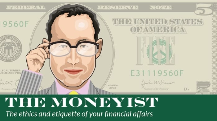 Illustration of a man adjusting his glasses, superimposed on a five-dollar bill; 
