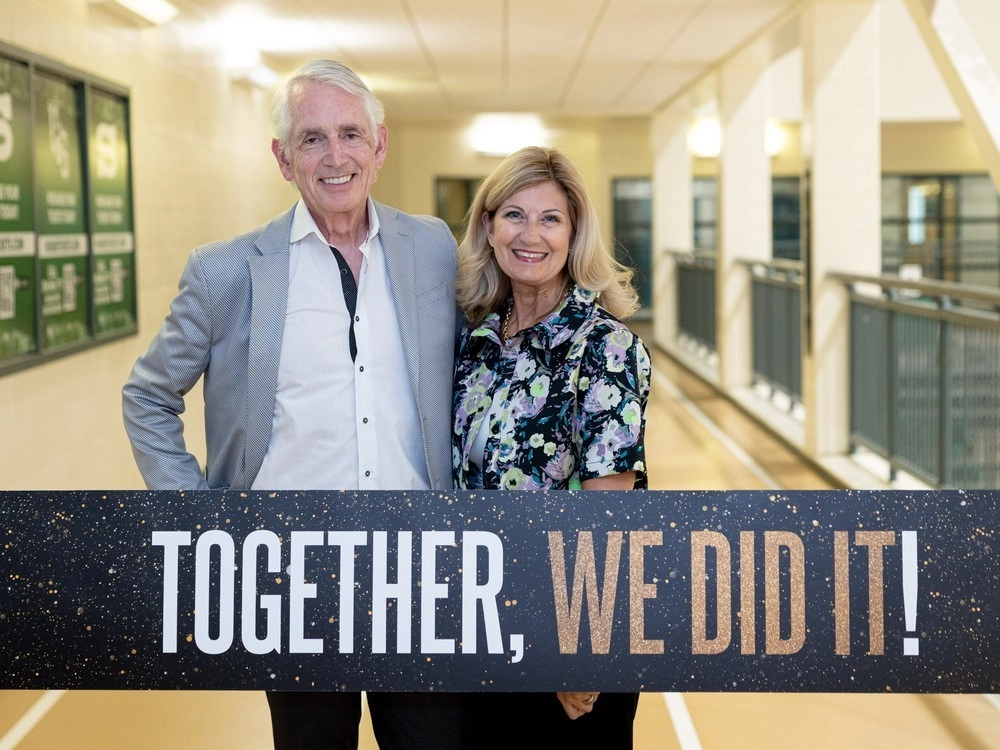 University of Saskatchewan president Peter Stoicheff and vice-president of university relations Cheryl Hamelin are celebrating the total amount raised -- $570,739,155 -- for the school's Be What the World Needs capital campaign. Photo taken in Saskatoon, Sask. on Tuesday, June 17, 2025.