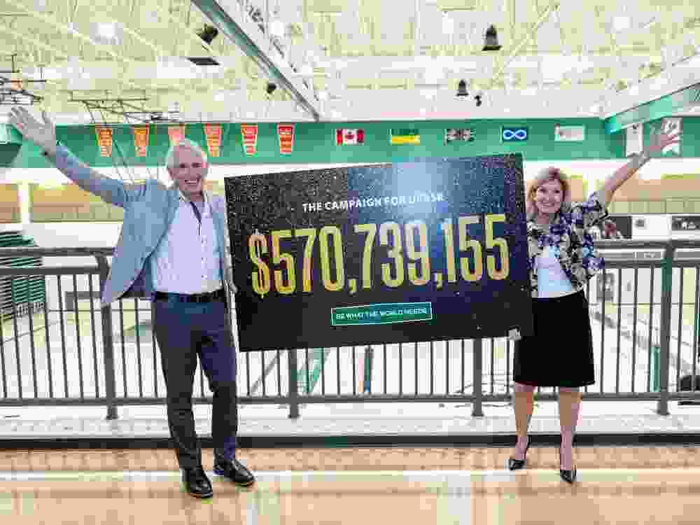 University of Saskatchewan president Peter Stoicheff and vice-president of university relations Cheryl Hamelin highlight the total amount raised -- $570,739,155 -- for the school's Be What the World Needs capital campaign. Photo taken in Saskatoon, Sask. on Tuesday, June 17, 2025.