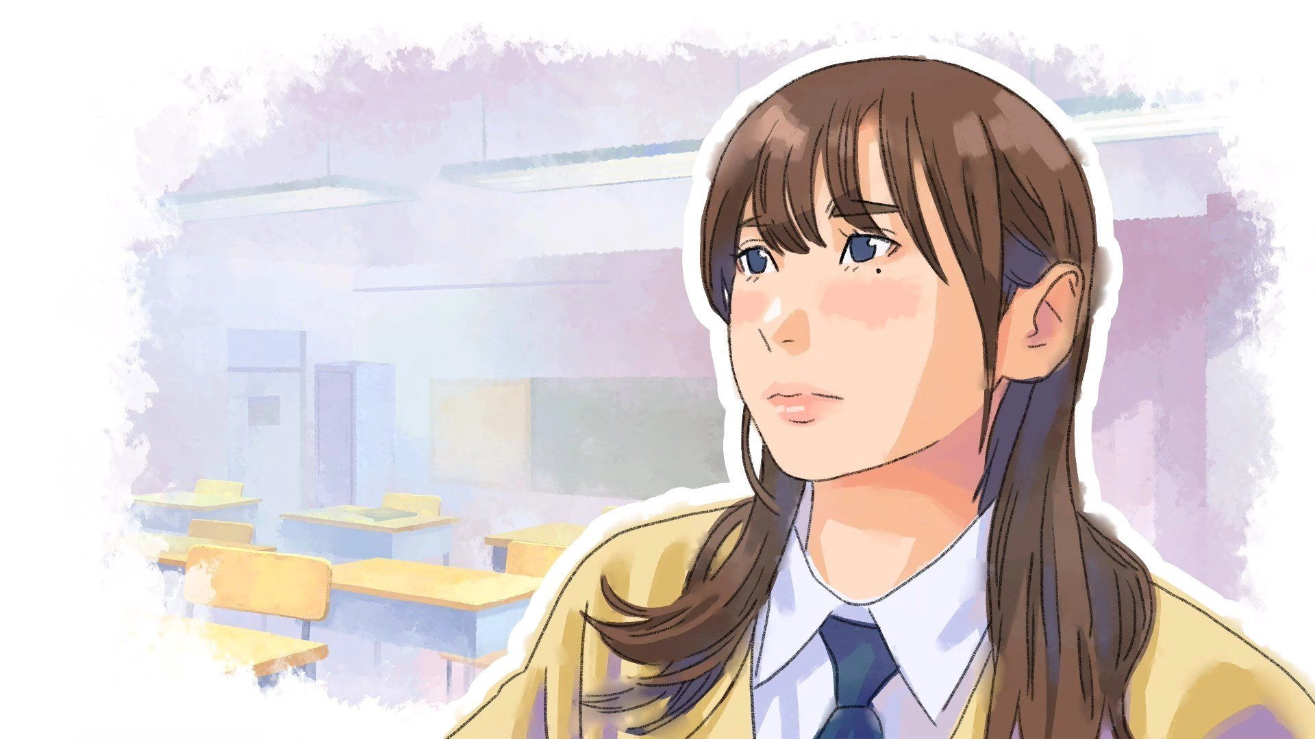 Screenshot from Dear me, I was' announcement trailer, showing a woman in a necktie sitting in what looks like a class room.