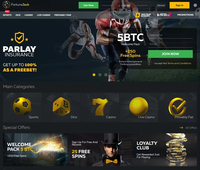 The FortuneJack homepage