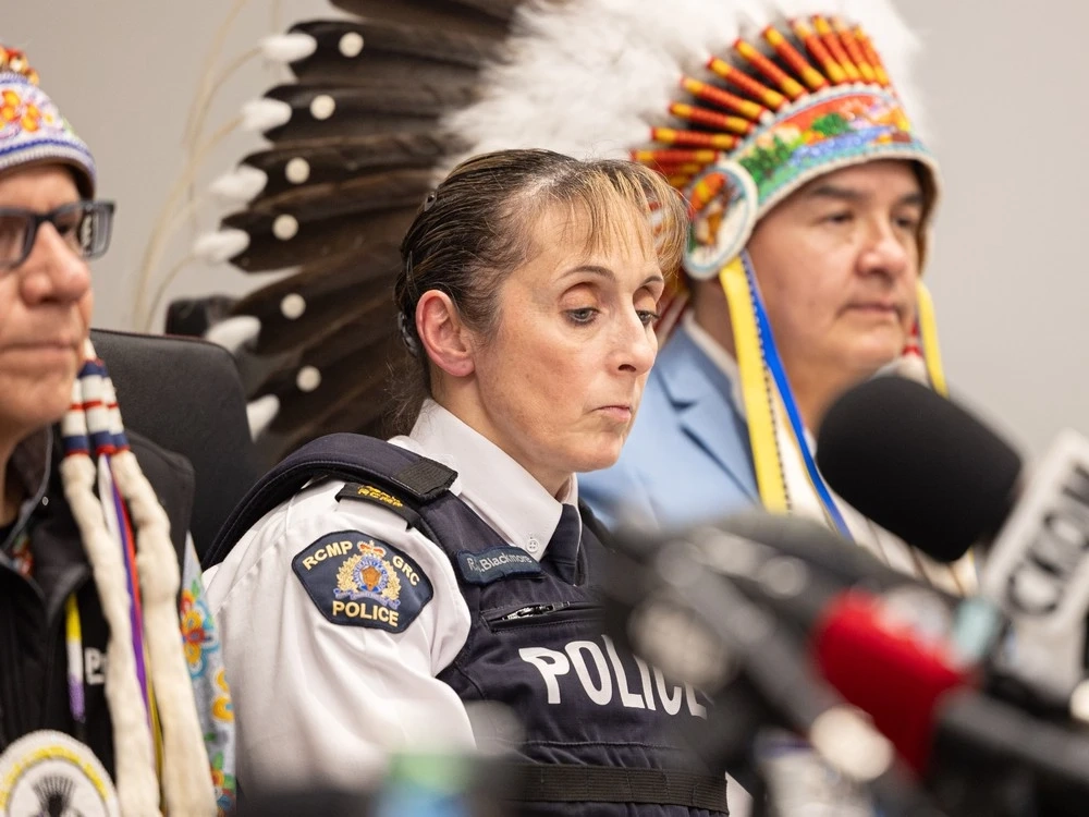 Commissioner Rhonda Blackmore, Saskatchewan RCMP, at an FSIN press conference where chiefs are responding to inquest recommendations into the 2022 mass stabbing attacks on James Smith Cree Nation and nearby Weldon. Photo taken in Saskatoon, Sask. on Thursday, February 1, 2024.