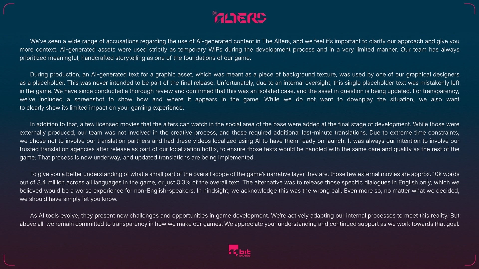 An apology from 11-Bit Studios about the use of AI in The Alters