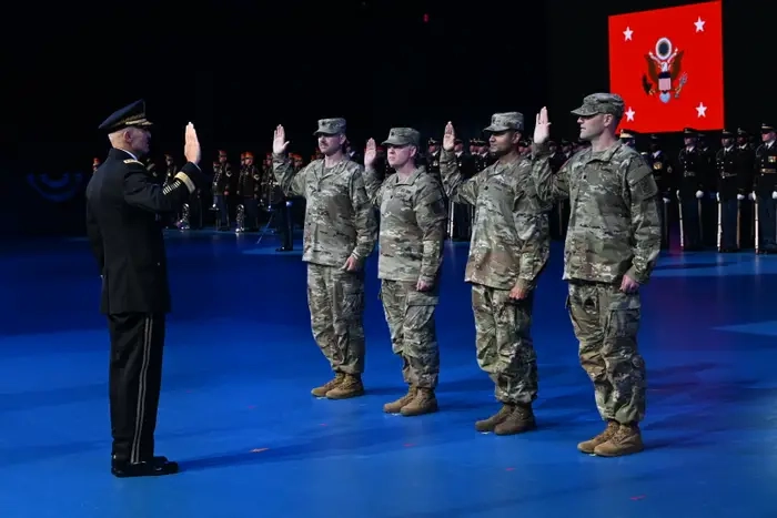 Army Chief of Staff Gen. Randy A. George administers the Oath of Office to four new U.S. Army Lt. Cols. -- all tech CEOs-- during a ceremony in Conmy Hall, Joint Base Myer-Henderson Hall, Va., June 13, 2025. T