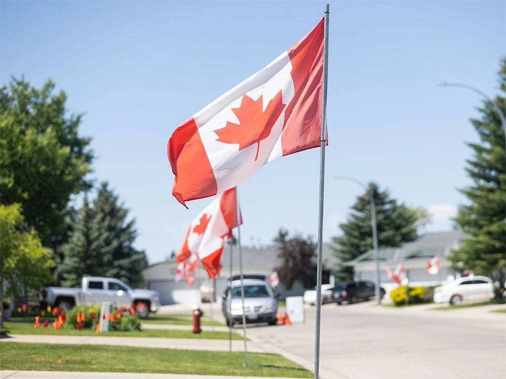 Flags fly in the front lawns of a street in High River on Monday, June 30, 2025.