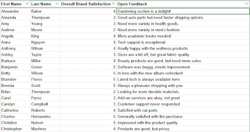 A sample of synthetic customer data generated by ChatGPT.
