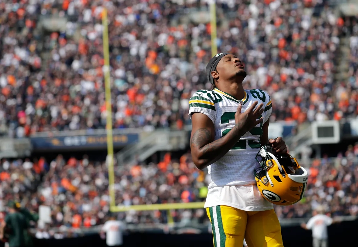 Green Bay Packers cornerback Rasul Douglas (29) stands alone on the field before a game against the Chicago Bears at Soldier Field.