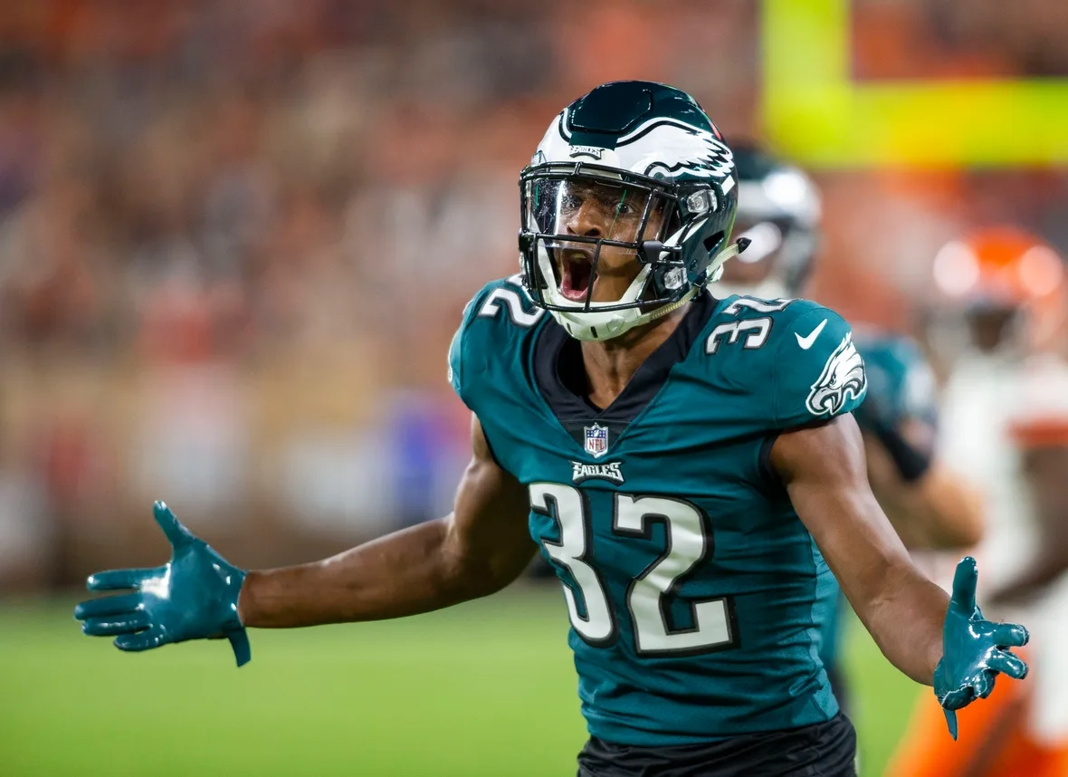 Rasul Douglas of the Eagles shows frustration after a pass interference penalty during a preseason game against the Browns in Cleveland.