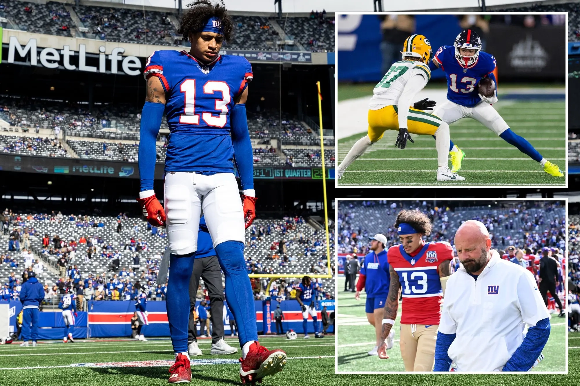 An image collage containing 3 images, Image 1 shows Jalin Hyatt #13 of the New York Giants warms up before the game against the Washington Commanders at MetLife Stadium on October 22, 2023 in East Rutherford, New Jersey. The Giants beat the Commanders 14-7, Image 2 shows New York Giants wide receiver Jalin Hyatt (13) gains yards in the first half against the Green Bay Packers at MetLife Stadium, Monday, Dec. 11, 2023, in East Rutherford, NJ. , Image 3 shows Giants coach Brian Daboll and wide receiver Jalin Hyatt (13) walk off the field after the Minnesota Vikings beat the Giants 28-6 at MetLife Stadium in East Rutherford, N.J