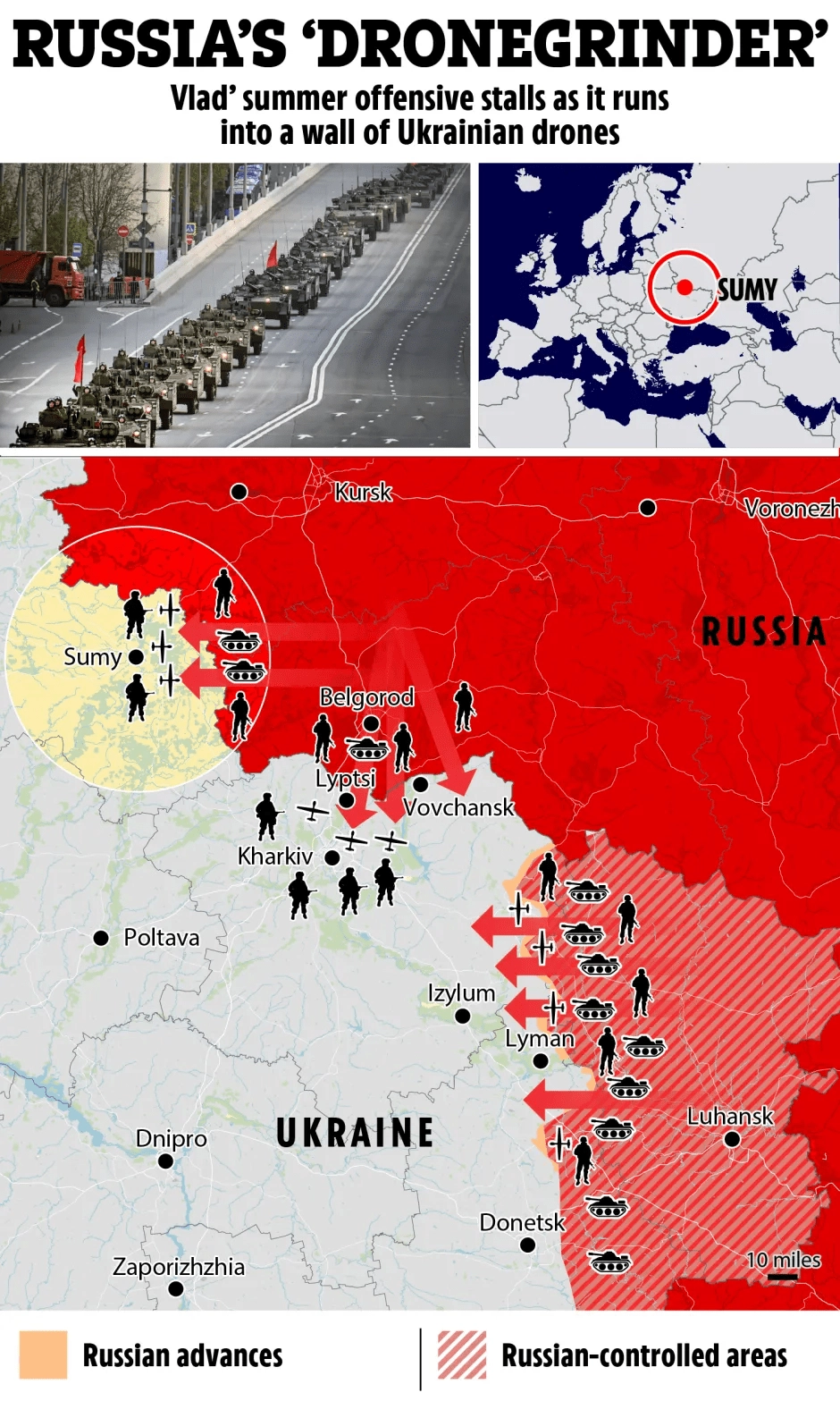 Illustration of a map showing the stalled Russian summer offensive in Ukraine.