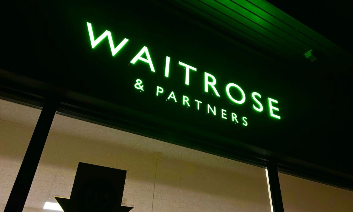 Waitrose Store Sign on Building Exterior, Store Frontage
