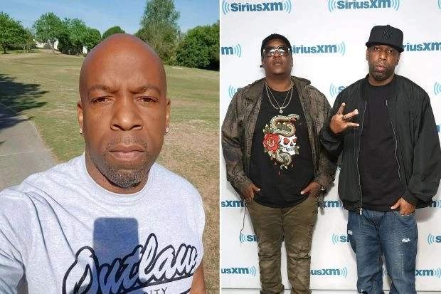 An image collage containing 2 images, Image 1 shows Man wearing a gray shirt with Outlaw City on it, Image 2 shows E.D.I. Mean and Young Noble of Outlawz at SiriusXM Studios