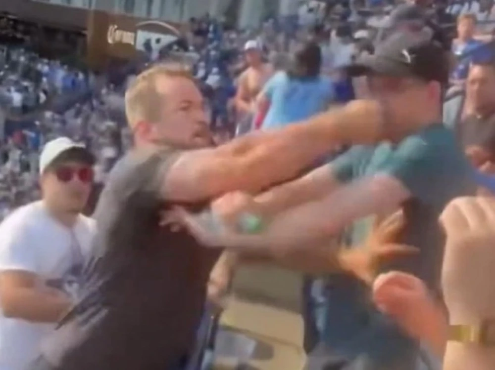 Toronto Blue Jays fans fight during Saturday's game against the L.A. Angels at Rogers Centre.