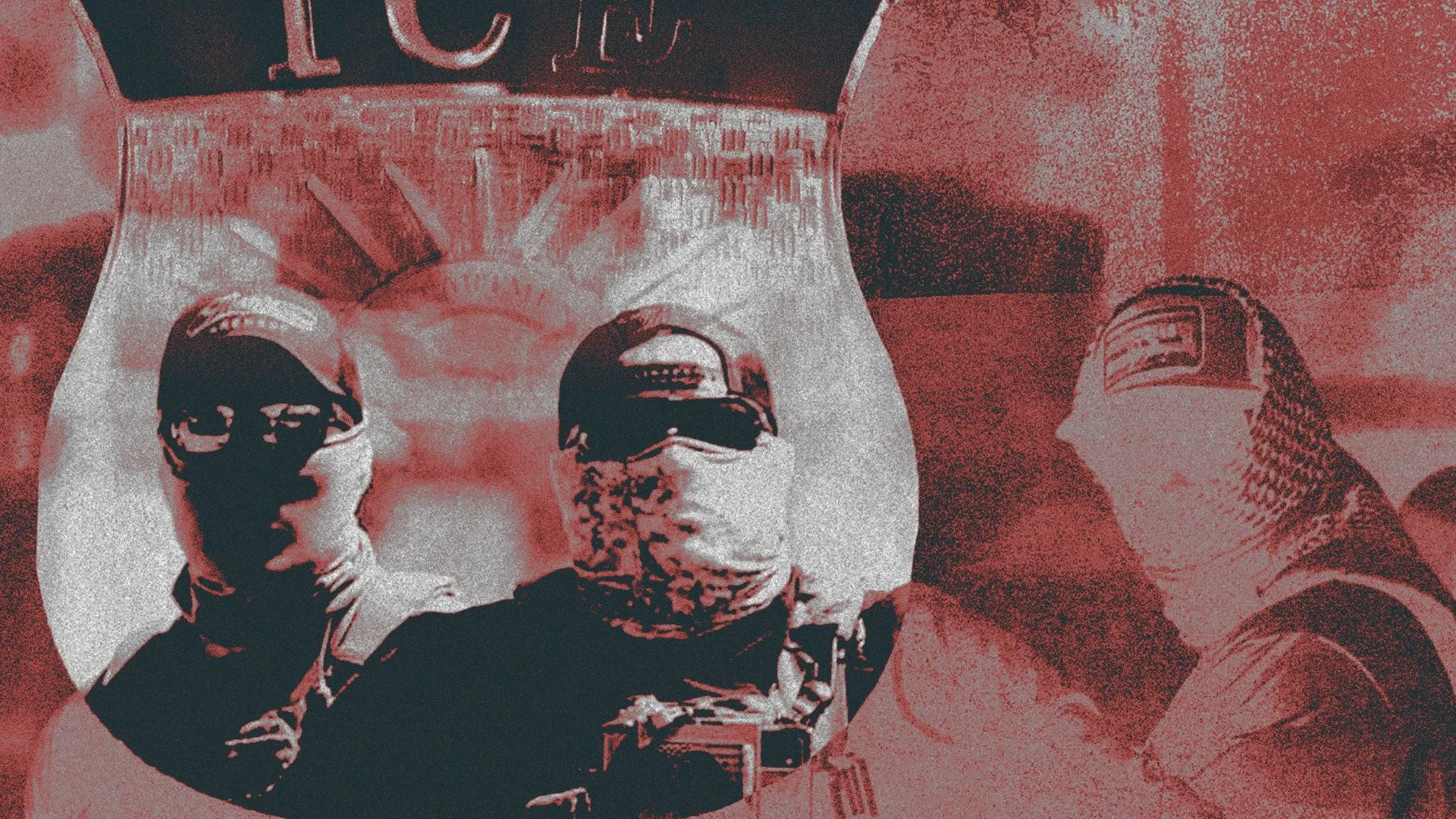 Photo illustration of a collage featuring masked ICE agents framed by an ICE badge.