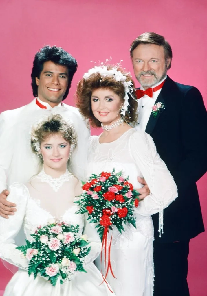 Michael Leon as Pete Jannings, Lisa Trusel as Melissa Anderson, Suzanne Rogers as Maggie Horton, John Clarke as Mickey Horton in a still from Days of our Lives in 1985