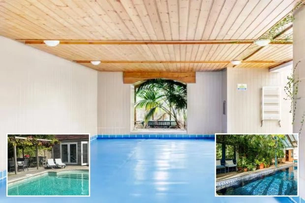 An image collage containing 3 images, Image 1 shows Converted granary pool area with light blue floor and wood ceiling, Image 2 shows Indoor swimming pool surrounded by lush plants, Image 3 shows Heated pool and cottage with outdoor dining area