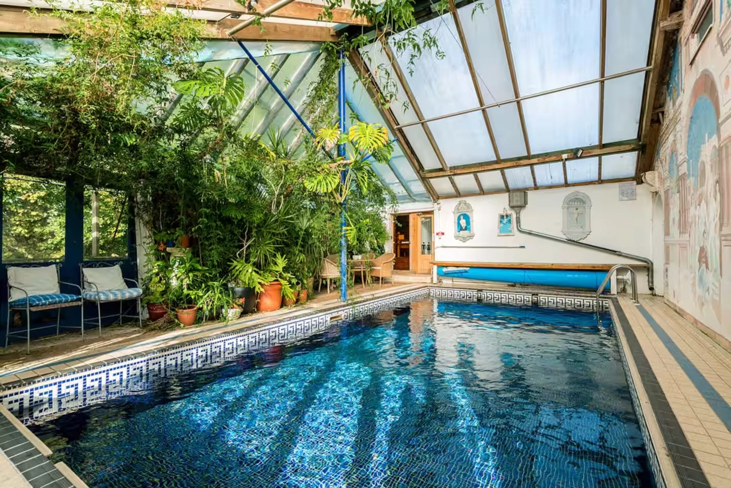 Indoor swimming pool surrounded by lush plants.