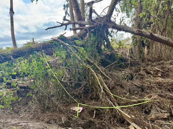Yellow caution ribbon marks area where cadaver canine alerted on debris pile (Rescue Volunteer Kyle Sinclair)